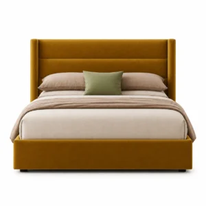 Sienna Luxe Velvet Bed Dubai UAE with premium mustard velvet upholstery by Ansary Furniture