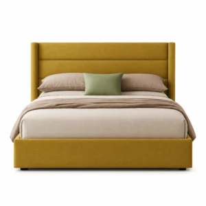 Sienna Luxe Velvet Bed Dubai UAE with premium mustard velvet upholstery by Ansary Furniture