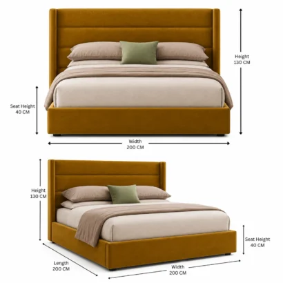 Luxury mustard velvet bed frame by Ansary Furniture for contemporary bedrooms in Dubai and the UAE