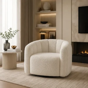 Affordable White Bouclé Swivel Chair in a luxury modern living room in Dubai, UAE featuring premium bouclé upholstery and contemporary design by Ansary Furniture.