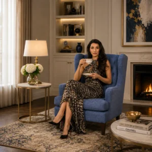 Best Executive Boss Chair in a luxury living room in Dubai, UAE featuring premium blue upholstered wingback design, deep button tufting, and solid wood legs by Ansary Furniture.