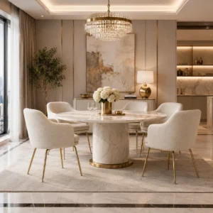 Angled view of a modern cream bouclé dining chair with curved arms and gold legs