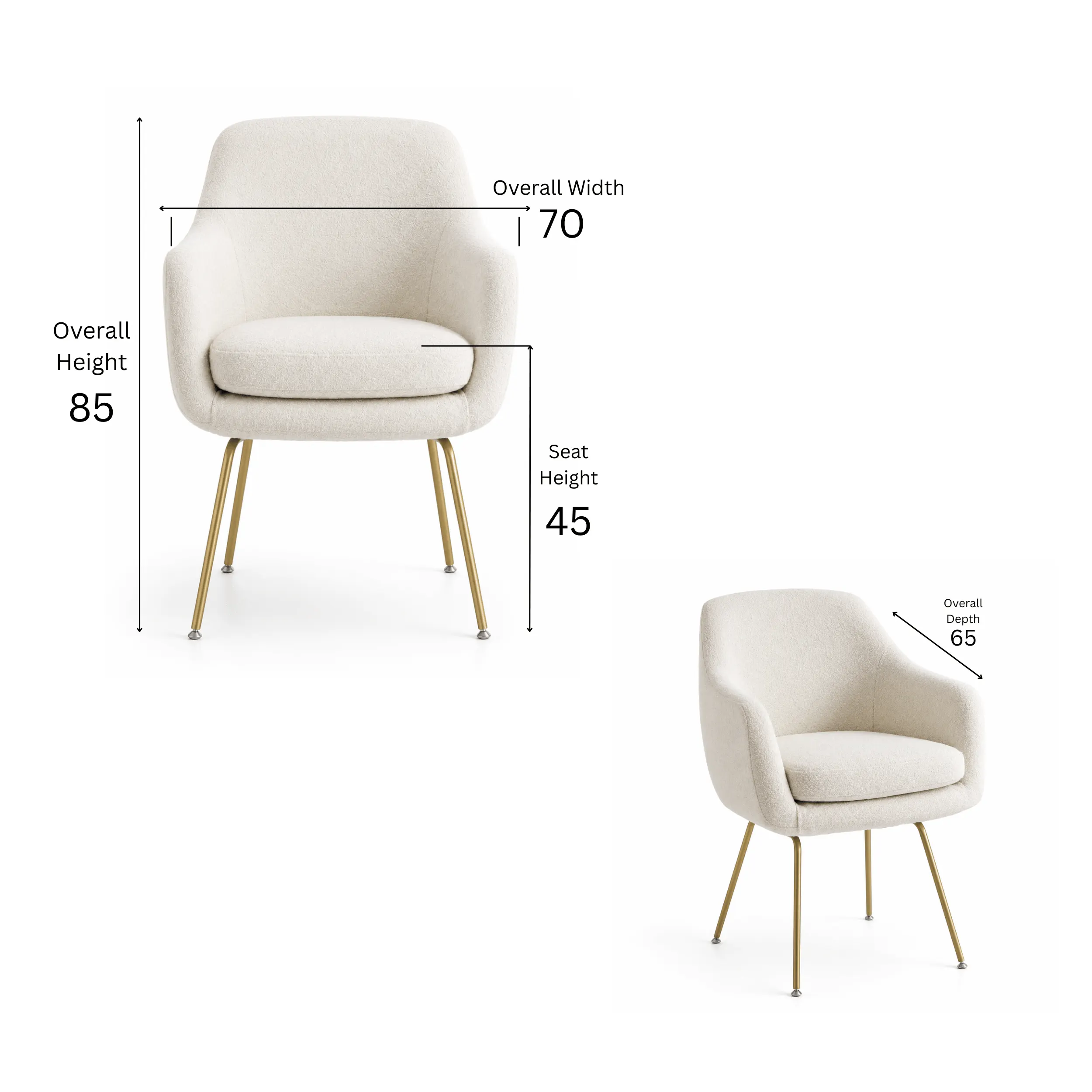 Front view of Cream Chunky Bouclé Fabric Chair featuring luxurious cream bouclé fabric and gold metal legs in Dubai UAE