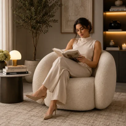 Curved Accent Chair in a luxury modern living room, premium white bouclé lounge chair for contemporary homes in Dubai, UAE.