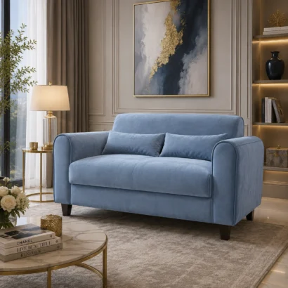Exclusive 2-Seater Sofa Dubai with premium light blue velvet upholstery, plush cushions, and a modern luxury design for stylish UAE living rooms.