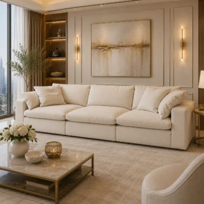 Exclusive Feather Cloud 3-Seater Sofa Dubai with premium cream fabric upholstery, oversized plush cushions, and modern luxury comfort for elegant UAE living rooms.
