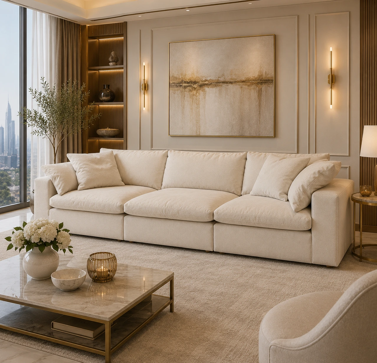 Exclusive Feather Cloud 3-Seater Sofa Dubai with premium cream fabric upholstery, oversized plush cushions, and modern luxury comfort for elegant UAE living rooms.
