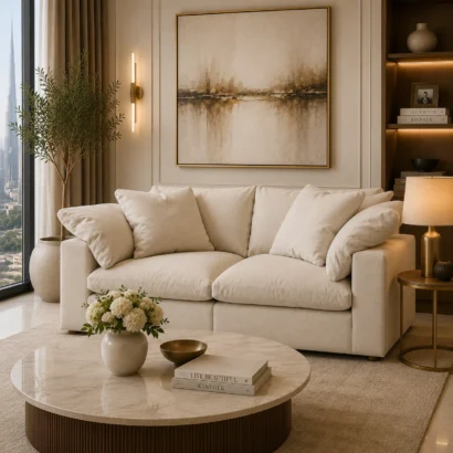 Feather Cloud 2-Seater Sofa Dubai with premium cream fabric upholstery, oversized plush cushions, and luxurious modern comfort for elegant UAE living rooms.