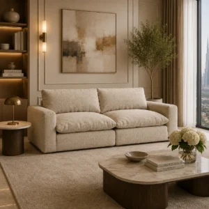 Luxury 2 Seater Linen Sofa Dubai with premium beige linen upholstery, deep plush cushions, and a modern contemporary design for elegant UAE living rooms. 2-Seater vs 3-Seater Sofa | Premium Furniture in the UAE