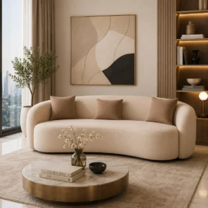 Luxury Curved Fabric Sofa Dubai featuring premium cream upholstery, a modern curved silhouette, and plush seating for elegant living rooms in the UAE.