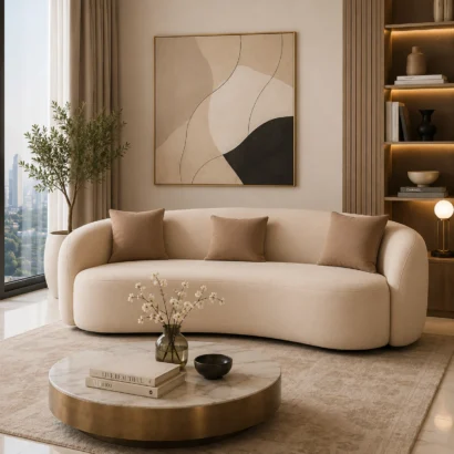 Luxury Curved Fabric Sofa Dubai featuring premium cream upholstery, a modern curved silhouette, and plush seating for elegant living rooms in the UAE.