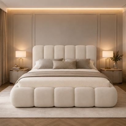 Luxury Modern Upholstered Bed in Dubai with Soft Cream Fabric