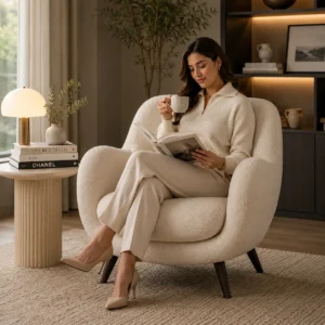 Luxury Vento Armchair in Dubai, UAE – premium modern upholstered lounge chair with soft fabric upholstery, contemporary curved design, and comfortable seating by Ansary Furniture.