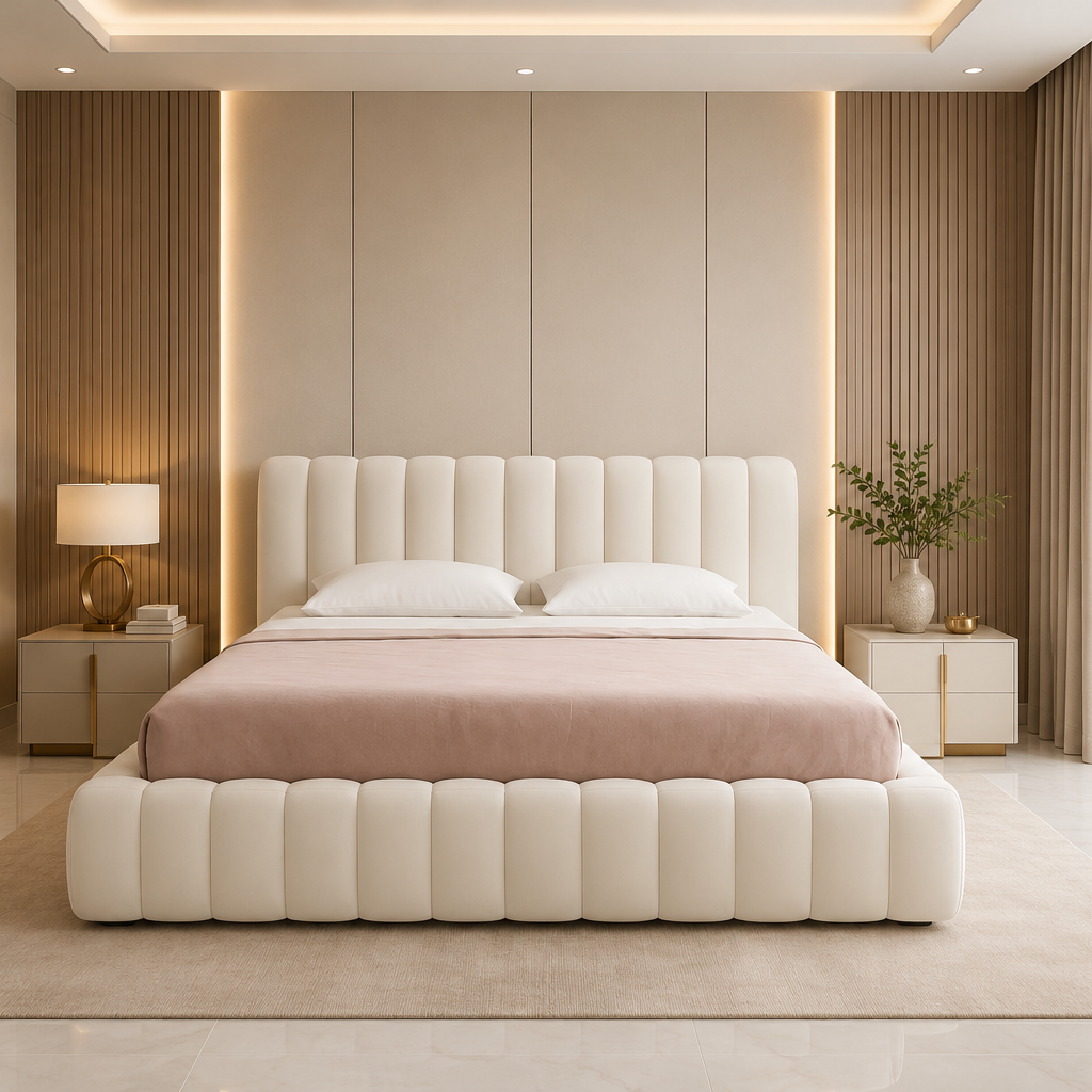 Luxury Milano Channel Tufted Bed by Ansary Furniture – Premium upholstered king size bed in Dubai.