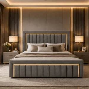 Milano Gold Frame Velvet Bed in Dubai – Luxury Grey Velvet Upholstered Bed with Gold Trim Headboard and Footboard | Premium Bedroom Furniture UAE