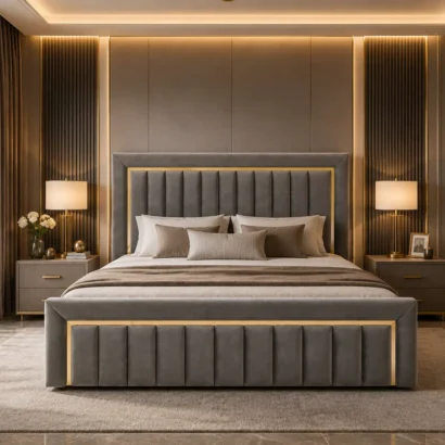 Milano Gold Frame Velvet Bed in Dubai – Luxury Grey Velvet Upholstered Bed with Gold Trim Headboard and Footboard | Premium Bedroom Furniture UAE