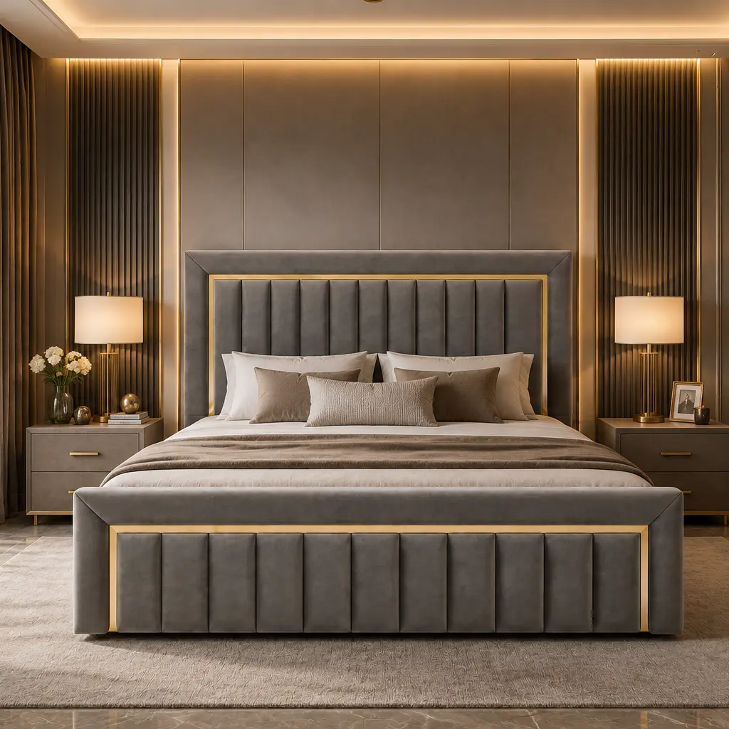 Milano Gold Frame Velvet Bed in Dubai – Luxury Grey Velvet Upholstered Bed with Gold Trim Headboard and Footboard | Premium Bedroom Furniture UAE