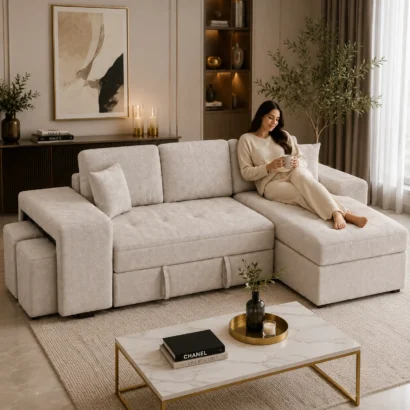 Modern L-Shape Storage Sofa Bed with spacious seating and storage for homes across the UAE.