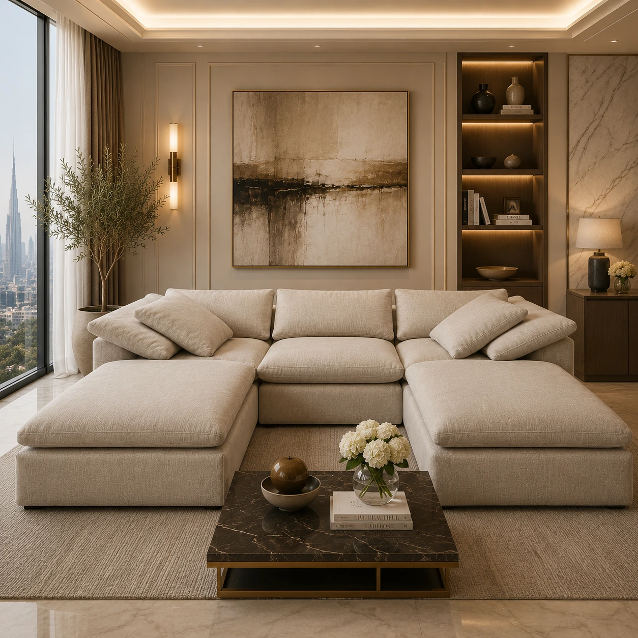 Premium Feather Linen Fabric Sofa Dubai with soft beige linen upholstery, oversized feather-filled cushions, and a contemporary modular design for luxury UAE living rooms.