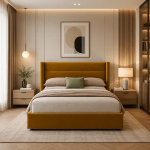 Sienna Luxe Velvet Bed Dubai in premium mustard velvet upholstery, styled in a modern luxury bedroom with soft neutral bedding and elegant contemporary interior décor.