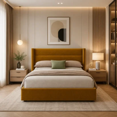 Sienna Luxe Velvet Bed Dubai in premium mustard velvet upholstery, styled in a modern luxury bedroom with soft neutral bedding and elegant contemporary interior décor.