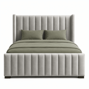 Verelle Wing Bed Dubai UAE with luxury velvet upholstery and vertical channel tufted wingback headboard by Ansary Furniture