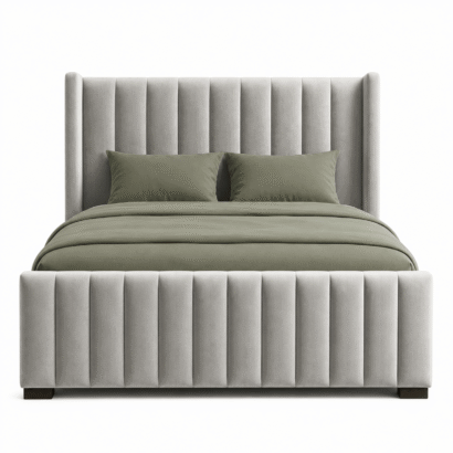 Verelle Wing Bed Dubai UAE with luxury velvet upholstery and vertical channel tufted wingback headboard by Ansary Furniture