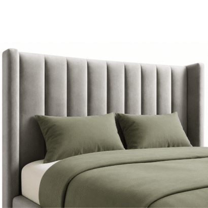Modern upholstered Verelle Wing Bed Dubai UAE premium bedroom furniture with custom velvet finish by Ansary Furniture