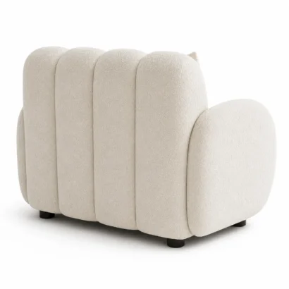 Back right view of modern white bouclé club chair with curved arms