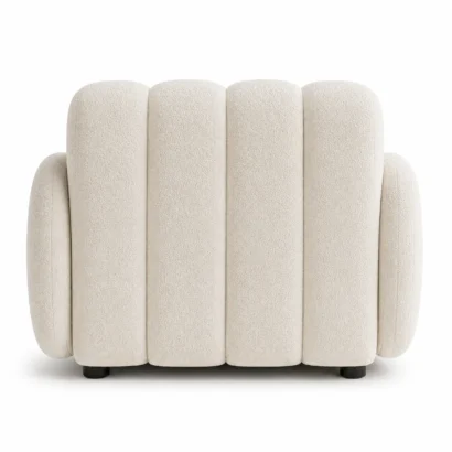 White bouclé club chair back view with rounded upholstered design