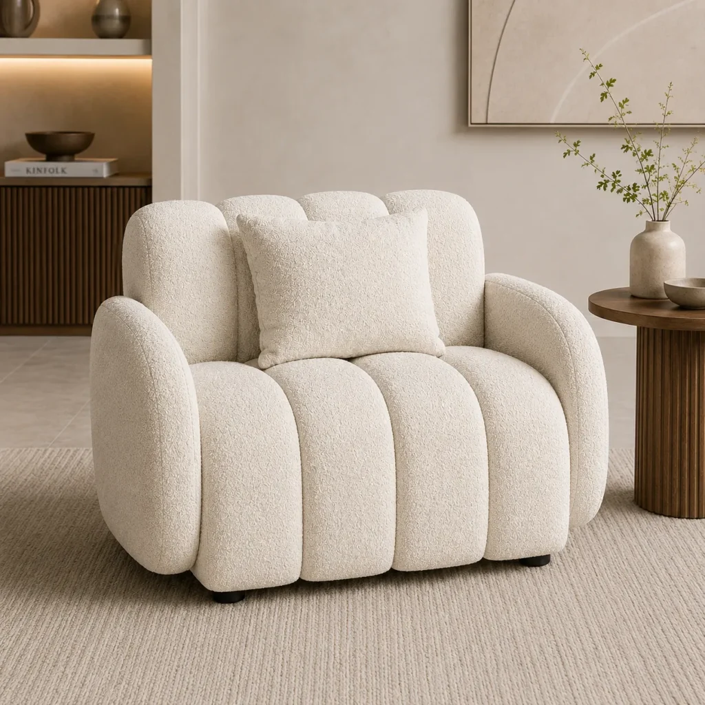 White bouclé club chair styled in a modern luxury living room in UAE
Living Room Furniture Dubai
