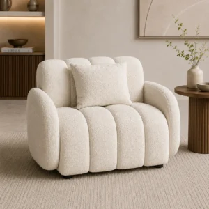 White bouclé club chair styled in a modern luxury living room in UAE Living Room Furniture Dubai