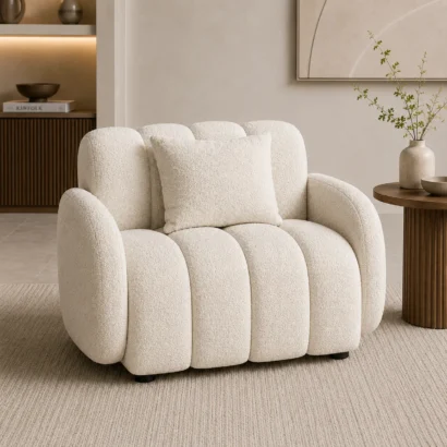 White bouclé club chair styled in a modern luxury living room in UAE Living Room Furniture Dubai
