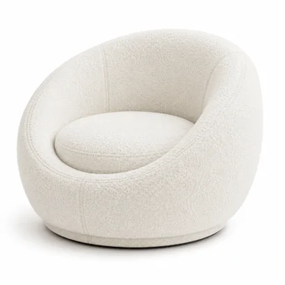 Angled View of Lunette Premium 360° Swivel Bouclé Accent Chair in Cream Fabric