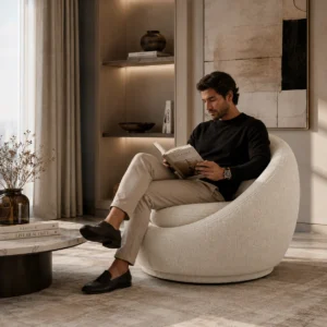 Rear View of Lunette Premium 360° Swivel Bouclé Accent Chair in Cream Fabric