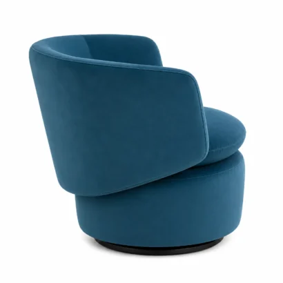 Aria Curve swivel chair side view with blue upholstered fabric
