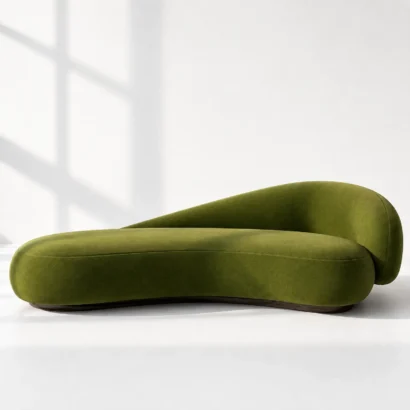 Bold Curve Chaise Velvet Sofa right angle view showing its curved silhouette and velvet upholstery