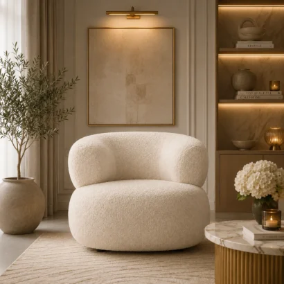 Cloud Luxe Bouclé Chair in a luxury modern living room UAE