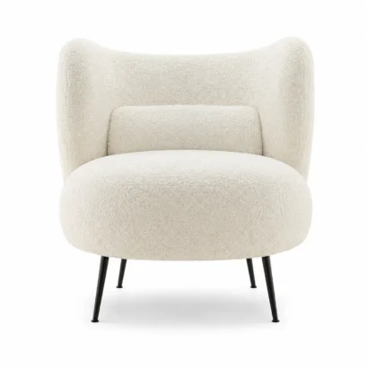 Comfee bouclé armchair front view with plush cream seat and lumbar cushion