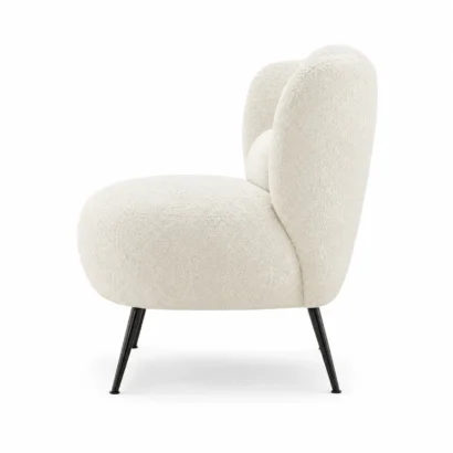 Comfee bouclé armchair right side view with curved backrest and black legs