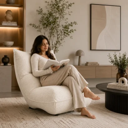 Cream bouclé lounge chair in a modern luxury living room in Dubai
