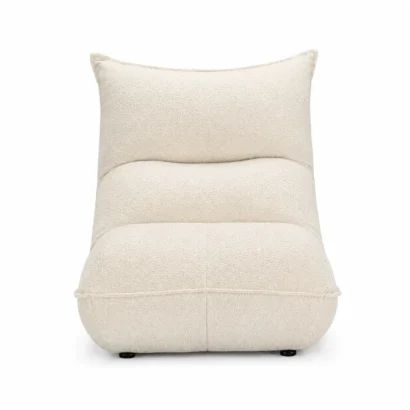 Cream bouclé lounge chair front view with plush upholstered seat and backrest