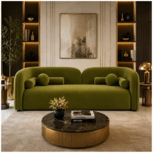 Elysian Velvet Sofa in a luxury modern living room in Dubai