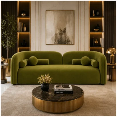 Elysian Velvet Sofa in a luxury modern living room in Dubai