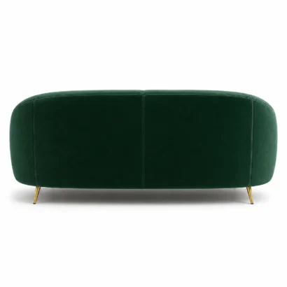 Back view of emerald green velvet sofa with curved design