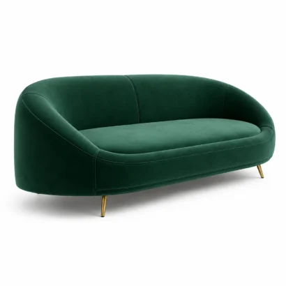Left angle view of emerald green velvet sofa in Dubai