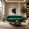 Emerald green velvet sofa in a luxury modern living room in Dubai