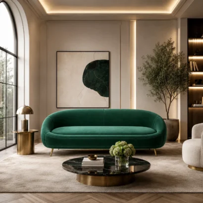 Emerald green velvet sofa in a luxury modern living room in Dubai