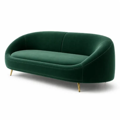Right angle view of luxury emerald green velvet sofa