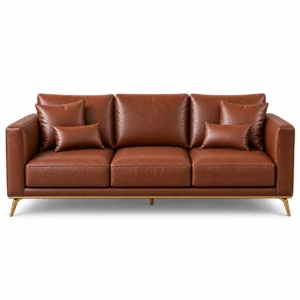 Luxury Chesterfield leather sofa Dubai front view with elegant gold legs and leather cushions